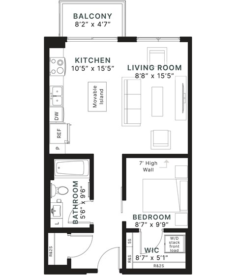Floor plan for 1 bed, 1 bath, 645 sqft